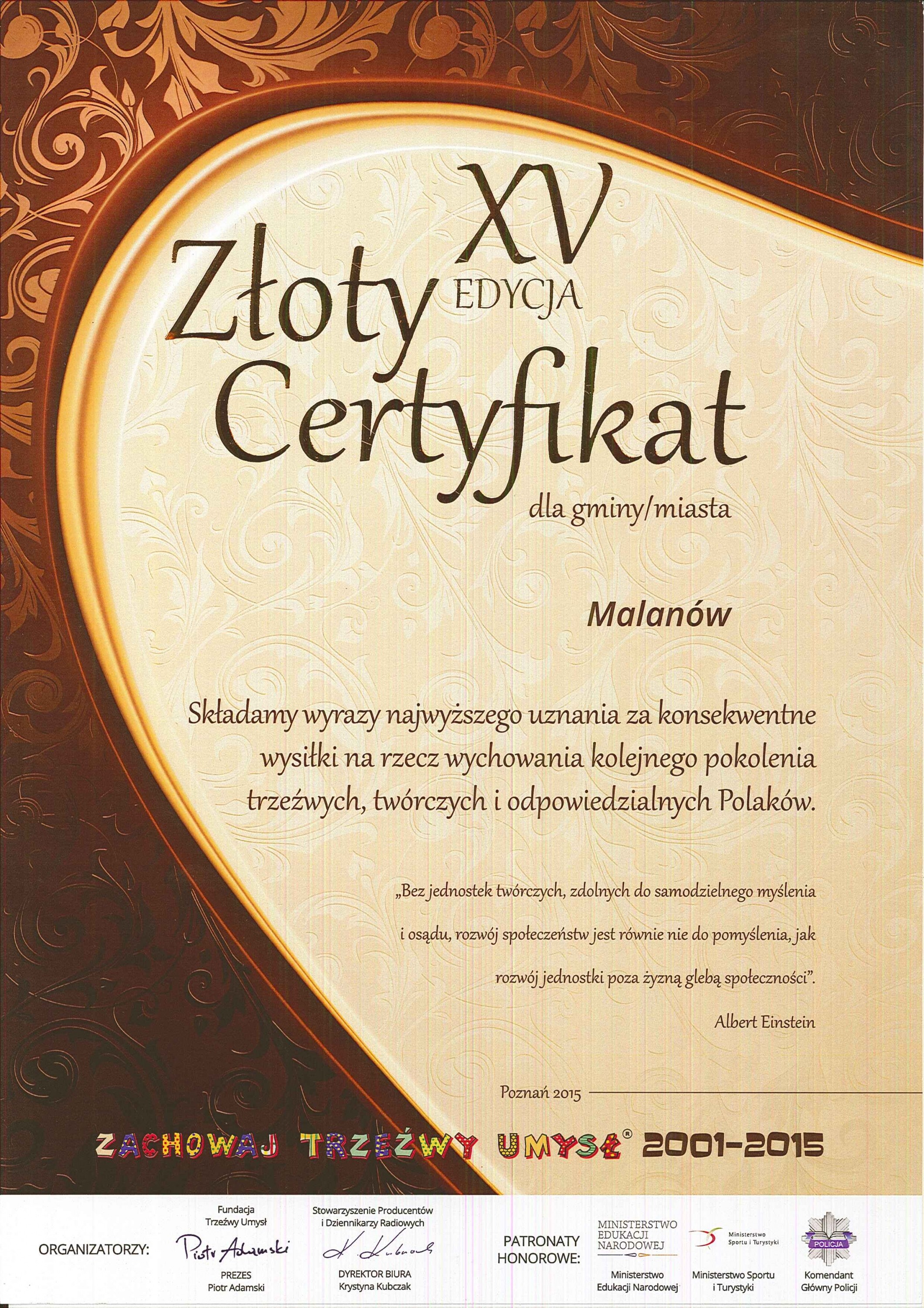 Złoty Certyfikat dla gminy Malanów